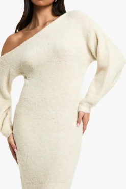 Maxi Dresses|Jumper Dresses*boohoo Off The Shoulder Borg Knitted Maxi Dress cream