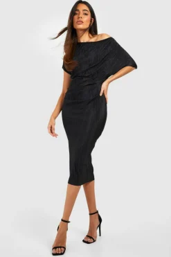 Midi Dresses*boohoo Off The Shoulder Plisse Midi Dress black