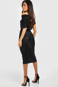 Midi Dresses*boohoo Off The Shoulder Plisse Midi Dress black