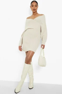 Jumper Dresses|Jumper Dresses*boohoo Off The Shoulder Rib Knit Dress stone