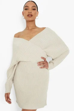Jumper Dresses|Jumper Dresses*boohoo Off The Shoulder Rib Knit Dress stone