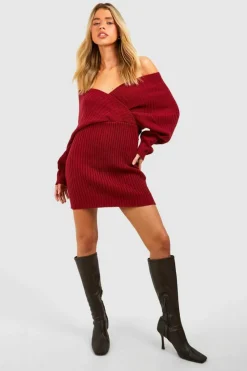 Jumper Dresses|Jumper Dresses*boohoo Off The Shoulder Rib Knit Dress dark red