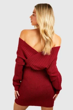 Jumper Dresses|Jumper Dresses*boohoo Off The Shoulder Rib Knit Dress dark red
