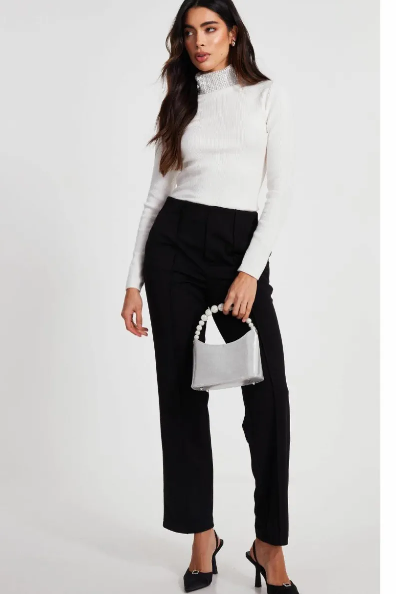 Jumpers*Quiz Diamante Turtle Neck Jumper Off White