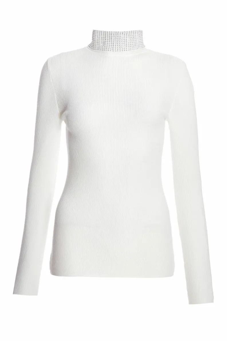 Jumpers*Quiz Diamante Turtle Neck Jumper Off White