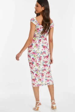 Bodycon Dresses|Midi Dresses*Quiz Floral Bardot Midi Dress Off White
