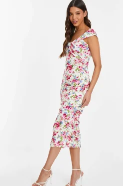 Bodycon Dresses|Midi Dresses*Quiz Floral Bardot Midi Dress Off White