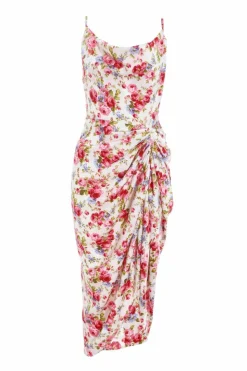 Midi Dresses*Quiz Floral Satin Ruched Midi Dress Off White