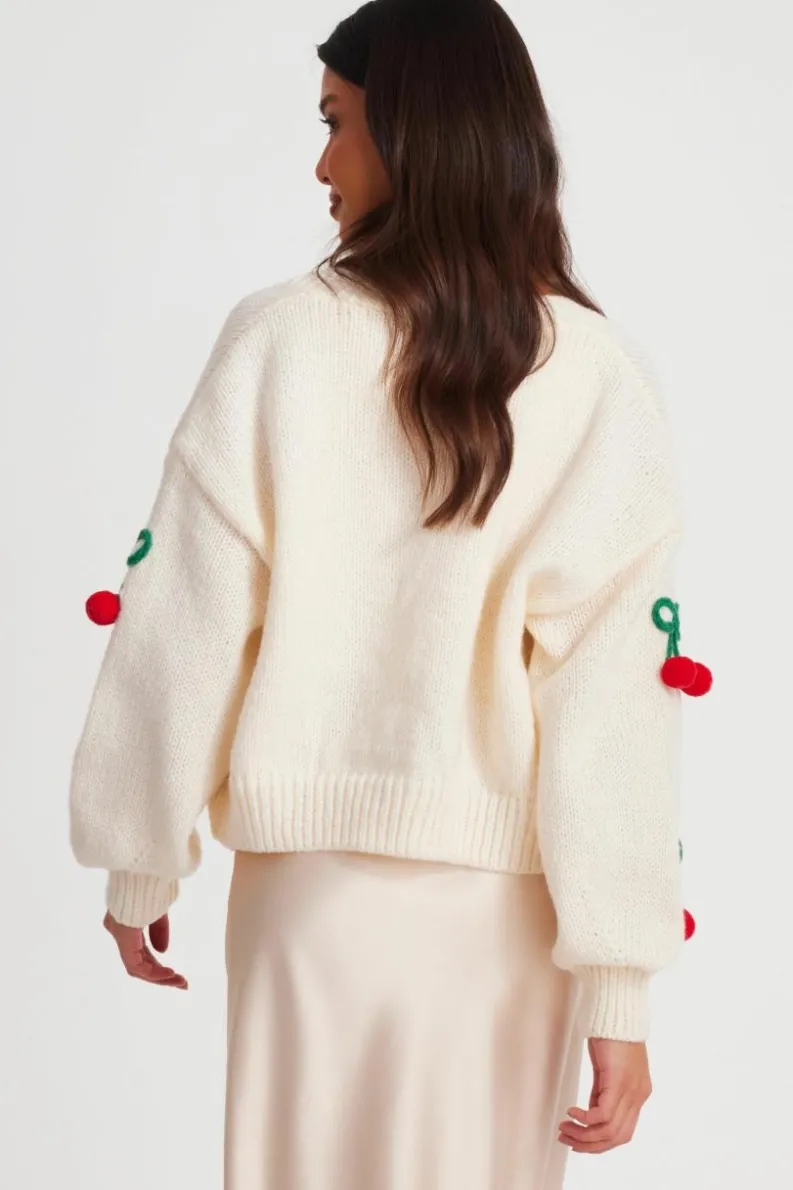 Cardigans*Quiz Knit Cherry Detail Cardigan Off White