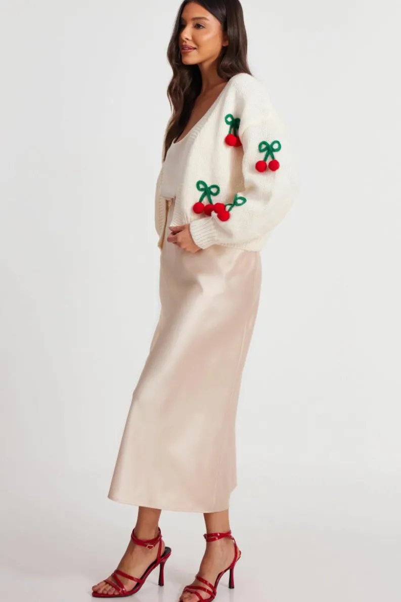 Cardigans*Quiz Knit Cherry Detail Cardigan Off White