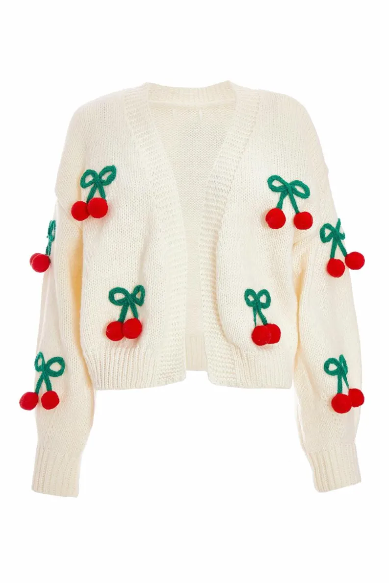 Cardigans*Quiz Knit Cherry Detail Cardigan Off White