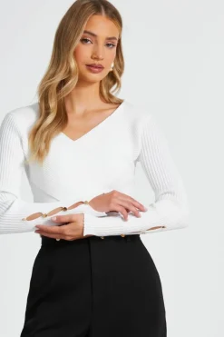 Jumpers*Quiz Knit Crossover Cropped Jumper Off White