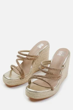 Sandals*Where's That From Ohio' Diamante Multi Strap Espadrille Wedges Metallic Gold