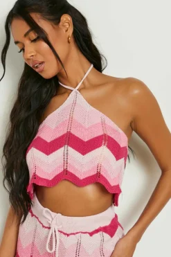 Knitted Co-Ords|Beachwear*boohoo Ombre Crochet Halterneck And Shorts Set pink