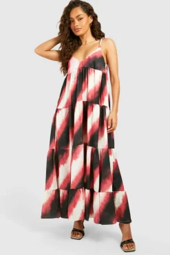 Smock Dresses*boohoo Ombre Print Bead Strappy Tiered Midaxi Dress pink