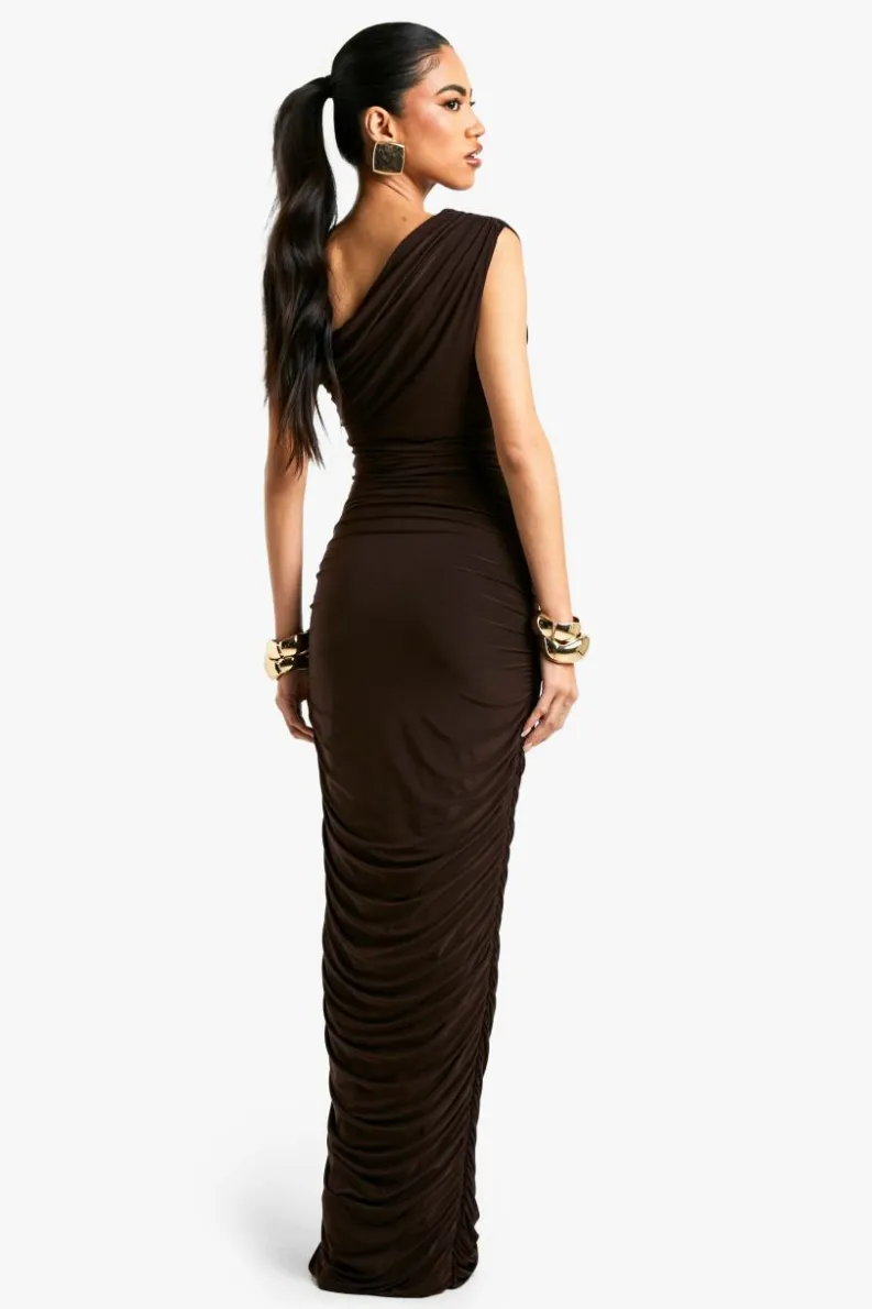 Bodycon Dresses|Maxi Dresses*boohoo One Shoulder Asymmetric Ruched Maxi Dress chocolate