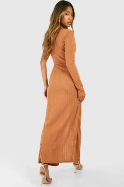 Bodycon Dresses*boohoo One Shoulder Rib Split Leg Midaxi Dress rust
