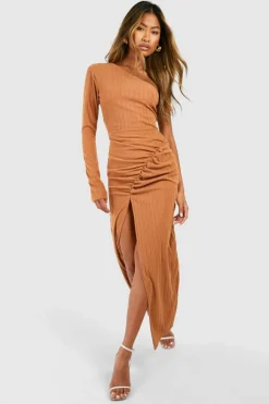Bodycon Dresses*boohoo One Shoulder Rib Split Leg Midaxi Dress rust