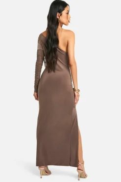 Bodycon Dresses*boohoo One Shoulder Slinky Ruched Maxi Dress mocha