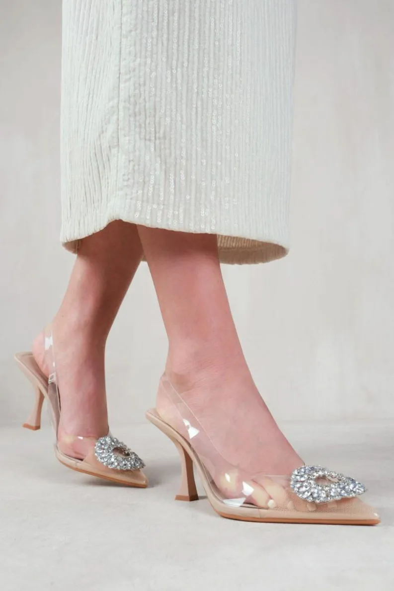 Sandals*Where's That From Opal' Perspex Low Heel Sandals With Embellished Detail Nude