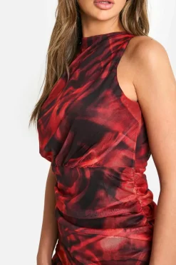 Skater Dresses*boohoo Open Back Ruffle Hem Printed Mesh Mini Dress red