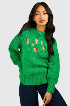 Oversized Jumpers*boohoo Open Crochet Soft Knit Jumper green