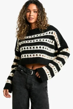 Jumpers|Knitwear*boohoo Open Stitch Stripe Crop Knitted Jumper black_ecru