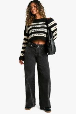 Jumpers|Knitwear*boohoo Open Stitch Stripe Crop Knitted Jumper black_ecru