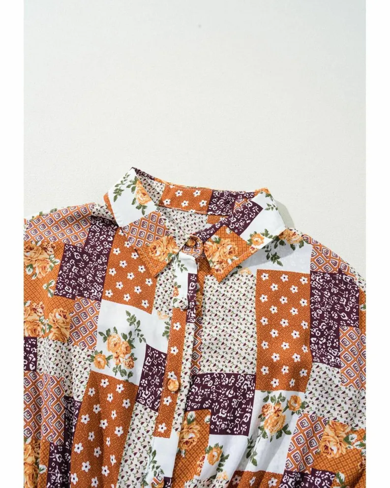 Shirt Dresses*Azura Exchange Boho Floral Puff Sleeve Smocked Waist Mini Shirt Dress Orange