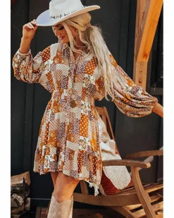 Shirt Dresses*Azura Exchange Boho Floral Puff Sleeve Smocked Waist Mini Shirt Dress Orange