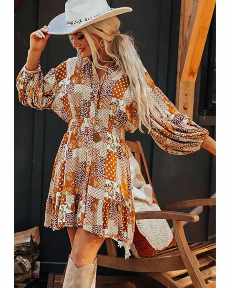 Shirt Dresses*Azura Exchange Boho Floral Puff Sleeve Smocked Waist Mini Shirt Dress Orange