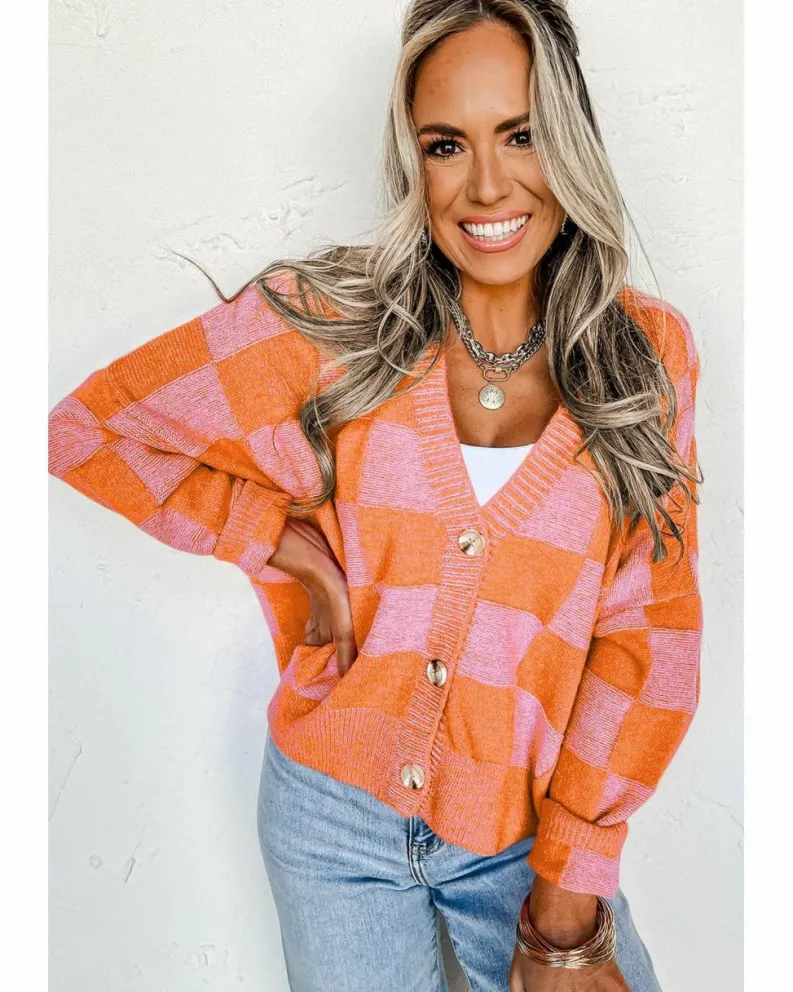 Cardigans*Azura Exchange Checkered Drop Shoulder Buttoned V Neck Cardigan Orange