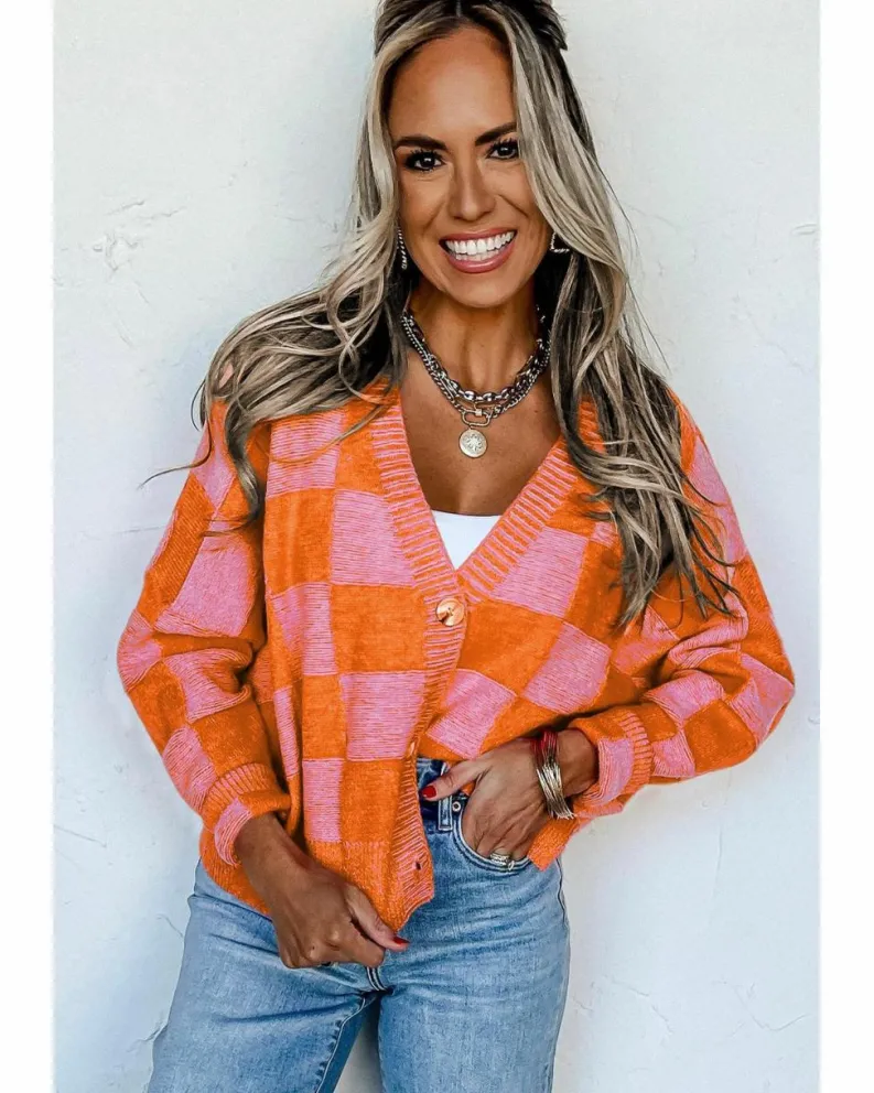 Cardigans*Azura Exchange Checkered Drop Shoulder Buttoned V Neck Cardigan Orange