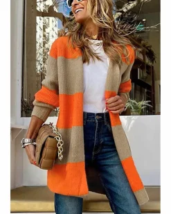 Cardigans*Azura Exchange Colorblock Ribbed Knit Cardigan Orange