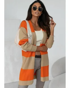Cardigans*Azura Exchange Colorblock Ribbed Knit Cardigan Orange