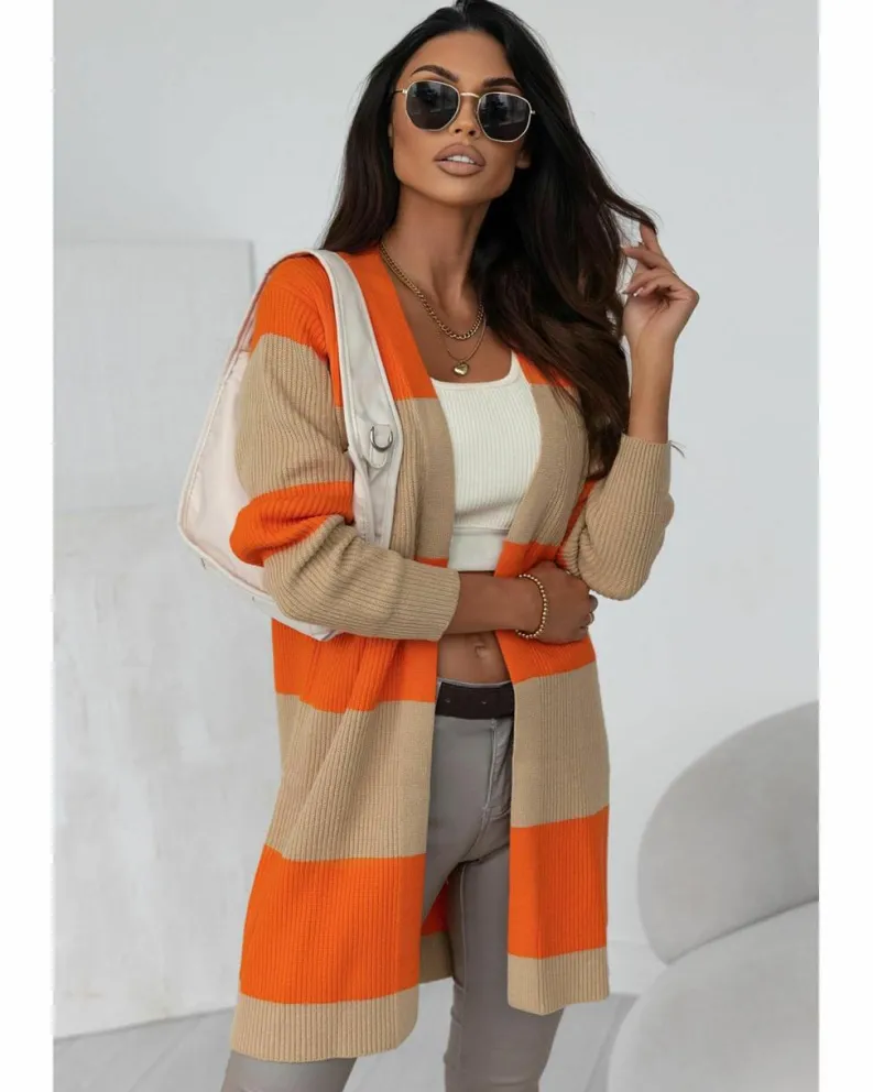 Cardigans*Azura Exchange Colorblock Ribbed Knit Cardigan Orange