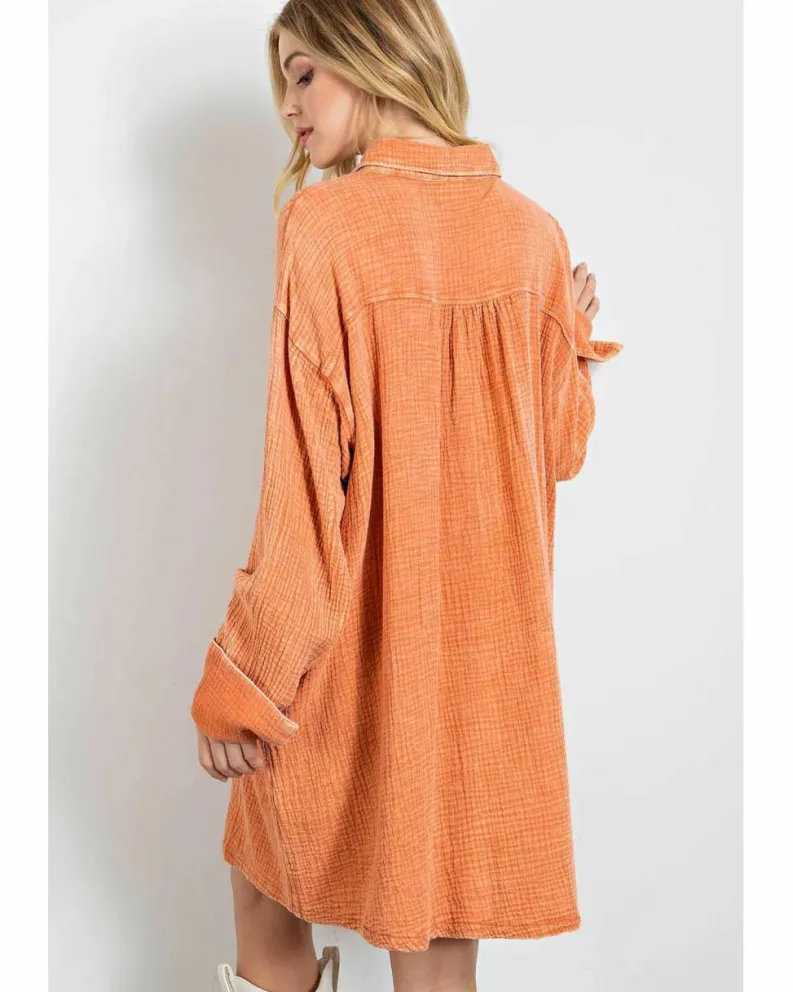 Shirt Dresses*Azura Exchange Crinkled Dual Chest Pocket Oversized Shirt Dress Orange