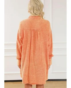 Shirt Dresses*Azura Exchange Crinkled Dual Chest Pocket Oversized Shirt Dress Orange