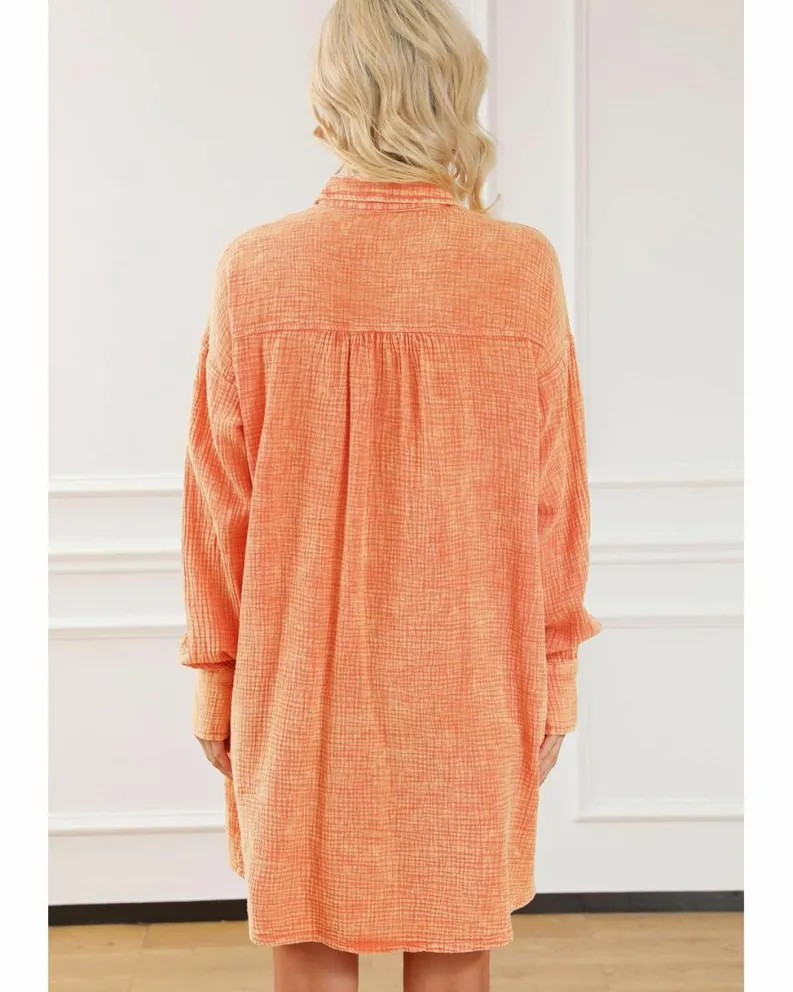 Shirt Dresses*Azura Exchange Crinkled Dual Chest Pocket Oversized Shirt Dress Orange