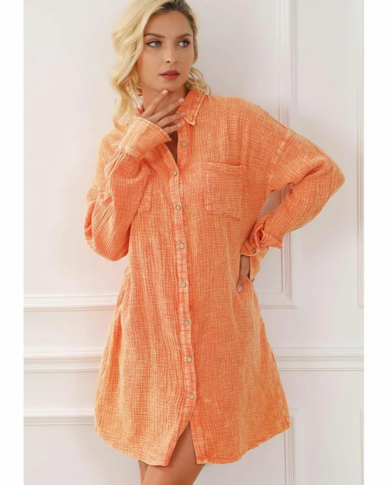 Shirt Dresses*Azura Exchange Crinkled Dual Chest Pocket Oversized Shirt Dress Orange