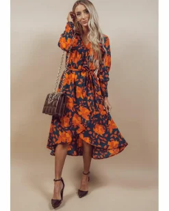 Wrap Dresses*Azura Exchange Floral Print Faux Wrap Belted Dress Orange
