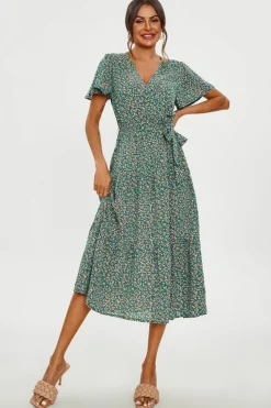Wrap Dresses|Midi Dresses*FS Collection Orange Floral Print Hem Tiered Wrap Midi Dress In Green
