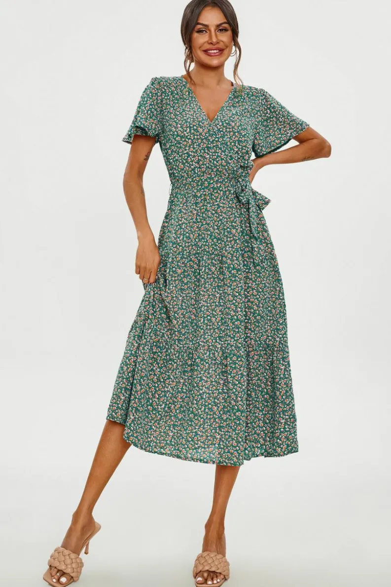 Wrap Dresses|Midi Dresses*FS Collection Orange Floral Print Hem Tiered Wrap Midi Dress In Green