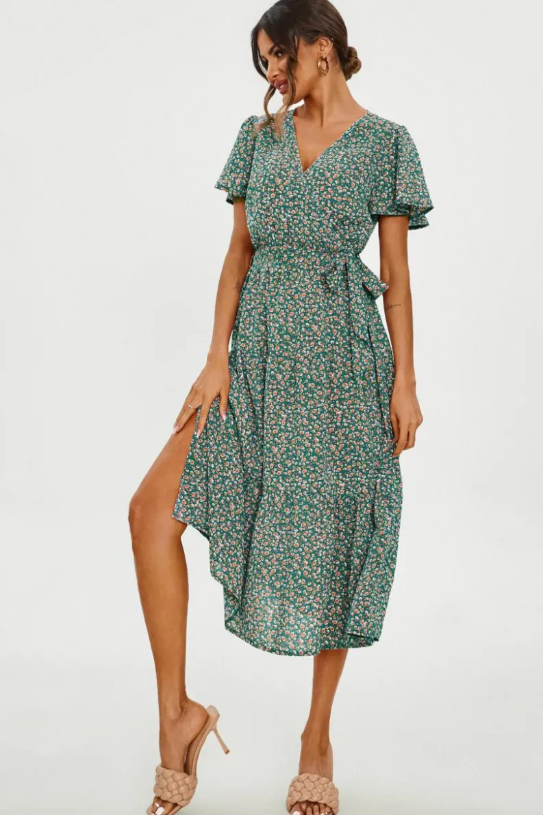 Wrap Dresses|Midi Dresses*FS Collection Orange Floral Print Hem Tiered Wrap Midi Dress In Green