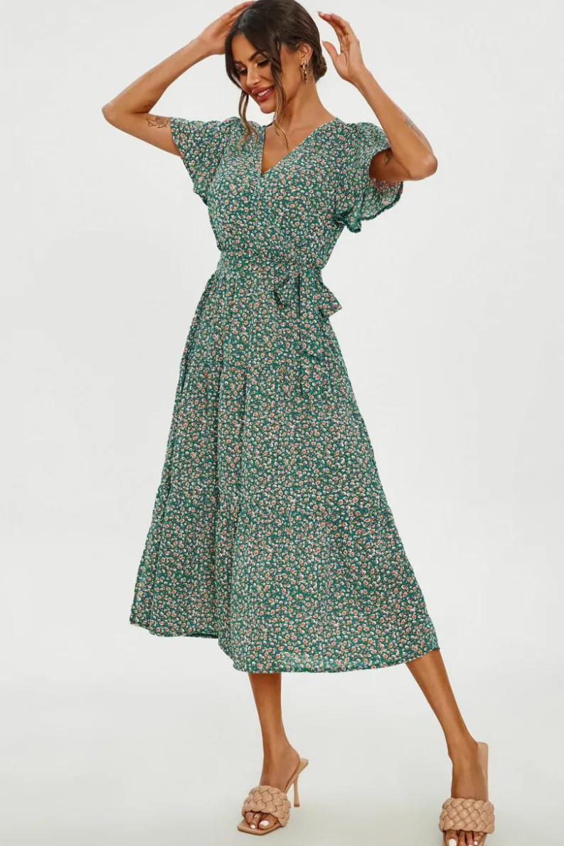Wrap Dresses|Midi Dresses*FS Collection Orange Floral Print Hem Tiered Wrap Midi Dress In Green