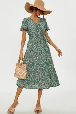 Wrap Dresses|Midi Dresses*FS Collection Orange Floral Print Hem Tiered Wrap Midi Dress In Green