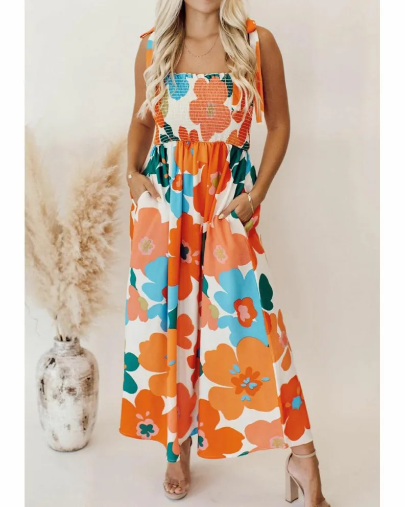 Smock Dresses*Azura Exchange Floral Self Tied Straps Smocked Bust Maxi Dress Orange