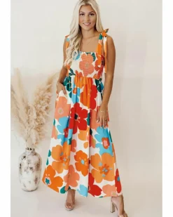 Smock Dresses*Azura Exchange Floral Self Tied Straps Smocked Bust Maxi Dress Orange