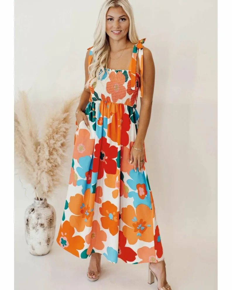 Smock Dresses*Azura Exchange Floral Self Tied Straps Smocked Bust Maxi Dress Orange