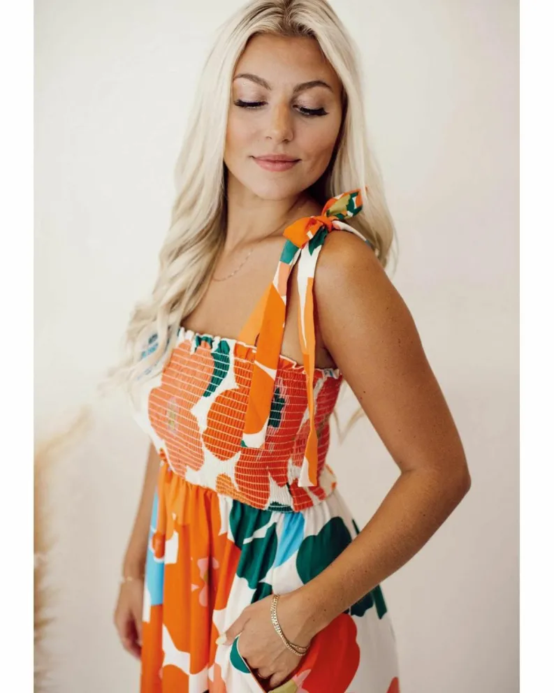 Smock Dresses*Azura Exchange Floral Self Tied Straps Smocked Bust Maxi Dress Orange
